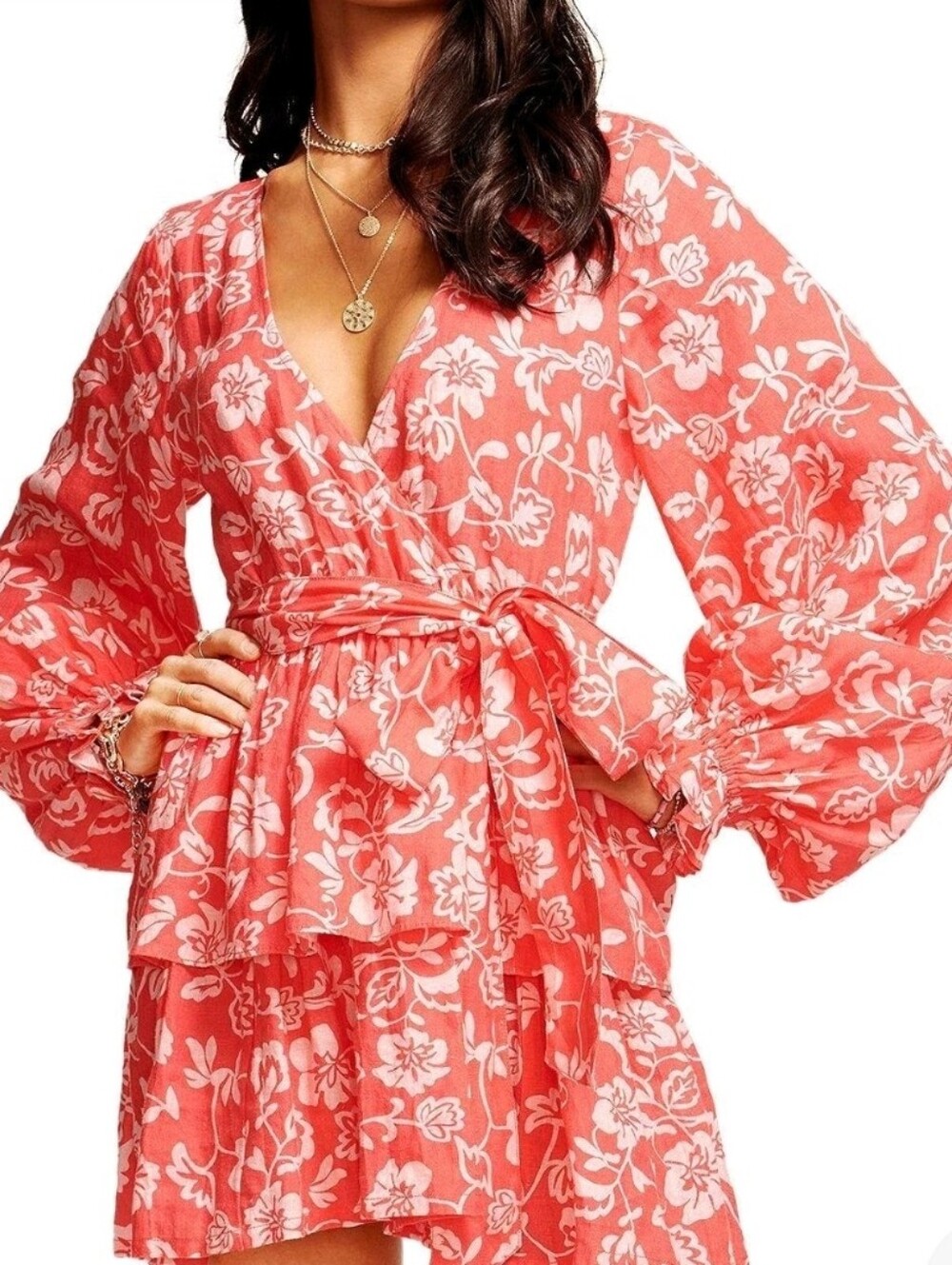 Ramy Brook Jolie Floral Long Sleeve Linen Tie Waist-Medium